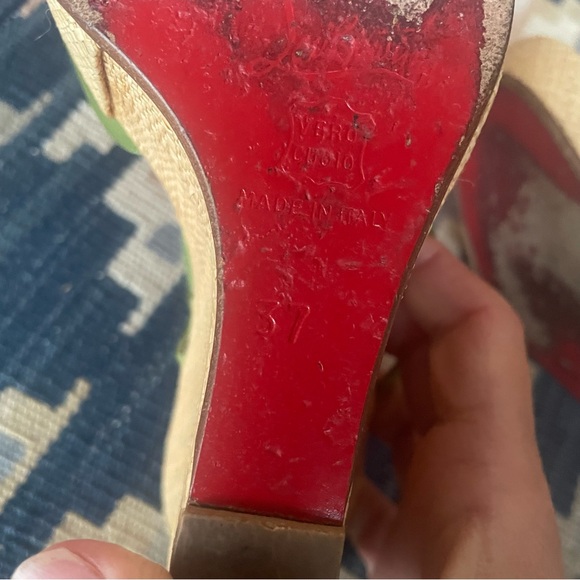 Christian Louboutin Green Leather Strappy Wicker Wedge Sandals Size 37 - Picture 9 of 12